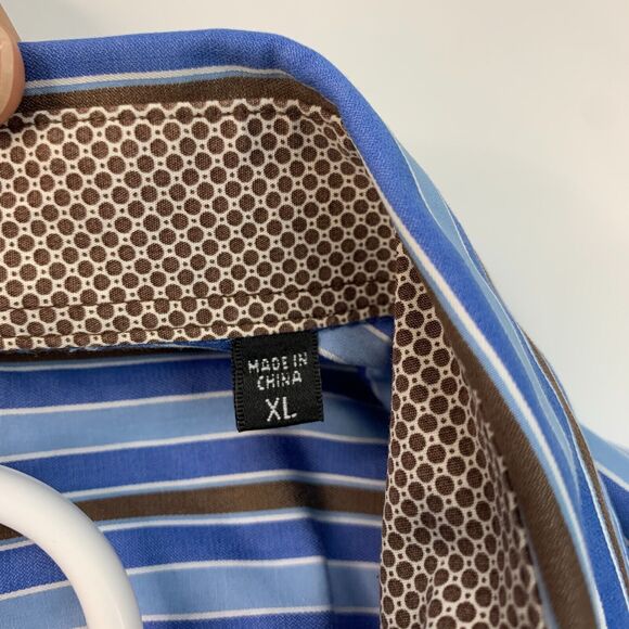 Bugatchi Uomo Shirt Mens XL Extra Large Blue Brown Flip Cuff Button Up Striped - Picture 10 of 12